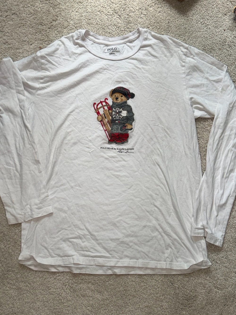 Vintage Polo by Ralph Lauren White Crewneck Tee Navy Logo Print Sledding Bear